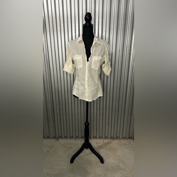 Women’s James Perse White 1/2 Sleeve Button Down Shirt Blouse Designer Size 4 - Picture 1 of 4
